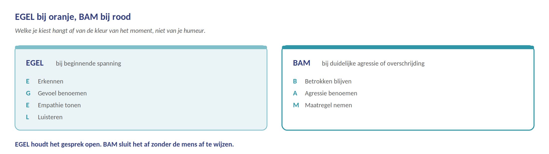 EGEL bij spanning, BAM bij agressie — twee acroniemen voor het juiste moment